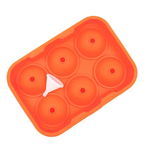 Ice Ball Maker Mould,Ice Cube Mold Silicone,Ice Ball Mold + Transparent Funnel,Silicone Spheres Ice Tray BPA Free Ice Ball Spheres for Whiskey& Drinks Ice Cool for Longer(6 Round Grid,Orange)