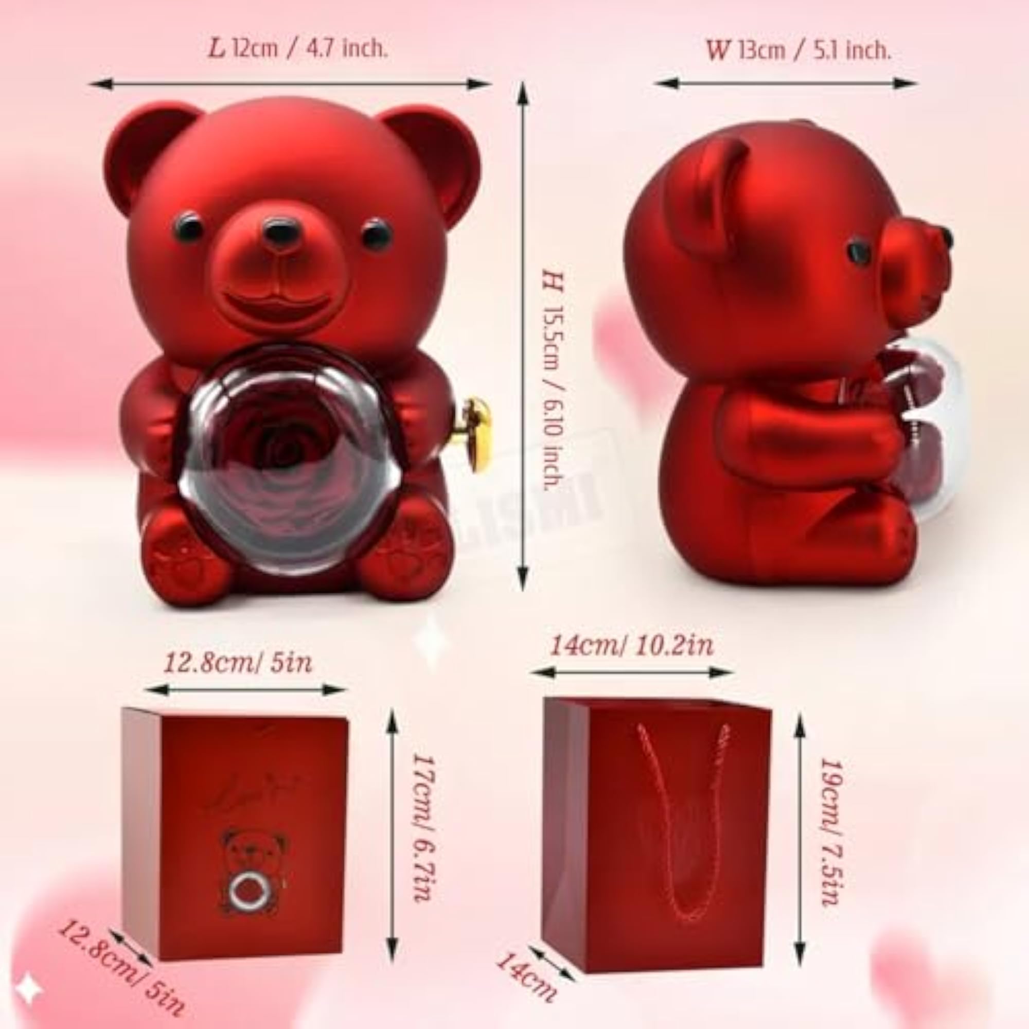 Cute Teddy Shape Ring Box with Rotating Preserved Rose