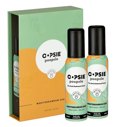 Oopsie Poopsie Toilet Spray Before & After You Go Bathroom Odor Eliminator & Neutralizer Spray Travel Size with Essential Oils TSA Approved Mediterranean Sage 2 Pack 2 Oz.