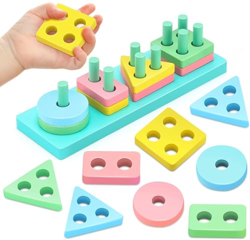 Image of SHINETOY ENTERTAIN KIDS Montessori Toys for 1-3 Year Old Boys Girls Toddlers, Wooden Sorting & Stacking Toys for Kids Preschool, Educational Building Blocks, Color Recognition Stacker Shape, 16 pcs