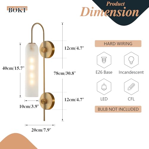 Image of BOKT Mid Century Modern 1-Light Wall Mounted Light Brushed Gold Metal Wall Sconce Lighting Minimalist Anti Brass Wall Sconce Lamp White Glass Bathroom Vanity Light Fixture (White)