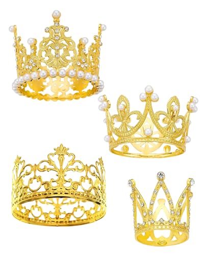 GIFANEO 4 Piezas Decoración de Pastel con Corona Dorada,coronas doradas pequeñas,corona de perlas vintage de rey o princesa para fiesta de cumpleaños,Decoración de Tarta Corona