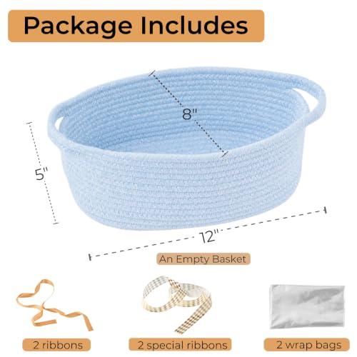 Image of 2-Pack Small Woven Gift Baskets Empty with Bags & Ribbons, Storage Basket for Father's Day for Dad, Baby Shower, Raffle, Birthday, Cute Organizer with Handles, 12 inchx8 inchx5 inch, Blue