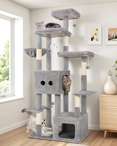 Globlazer Tiragraffi per Gatti Adulti XXL 203 cm Alto con 2 Grande Grotte 45 * 40 * 35cm, 3 Vasto Piattaforma, Sisal Tiragraffi Tavola, Cestini, Enorme Albero per Gatti Adulti (F80E, Grigio Chiaro)