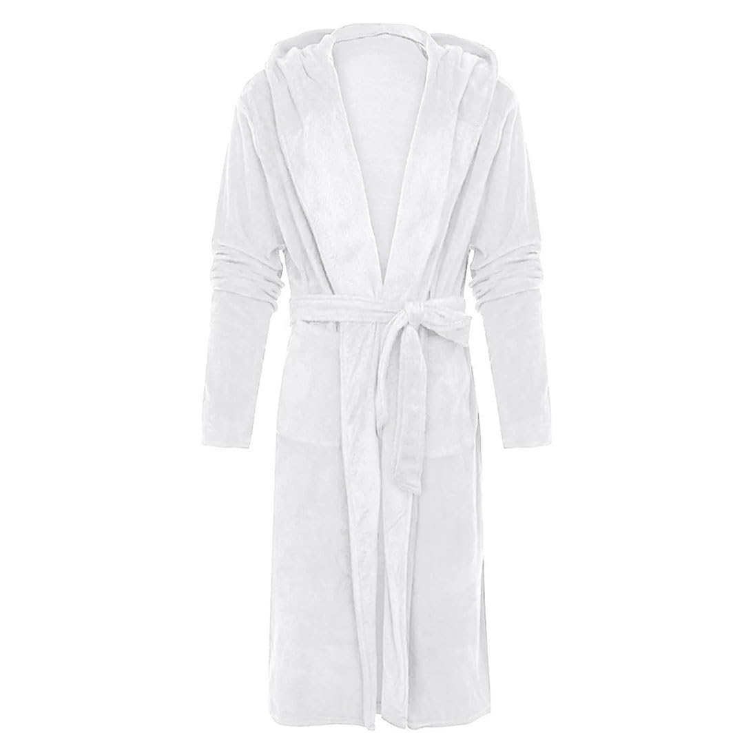 Albornoz acogedor para hombre hasta la rodilla de felpa bata de invierno manga larga cálido alargado chal de felpa bata de baño blanco XL, blanco, XL