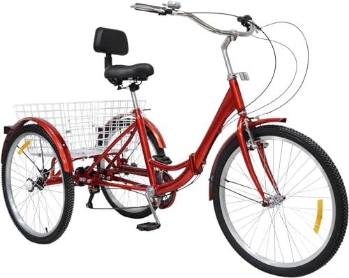 Triciclo para Adultos, Bicicleta De 24 H, Bicicleta Triciclo De 3 Ruedas, Bicicleta Plegable, 7 Velocidades con Cesta De La Compra, Asiento con Respaldo De Cesta Grande, para Adultos/PE, Red
