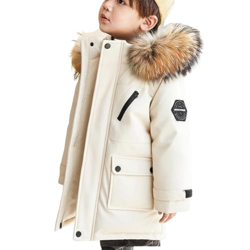 Image of duxyoz Beige Kids Parka Coat - Padded,Hooded,Thicken,Heavyweight,Windproof,Warm,Faux Fur Hood,Long Sleeve Casual Thermal Quilted Overcoat Snow Jackets 15-16 Years