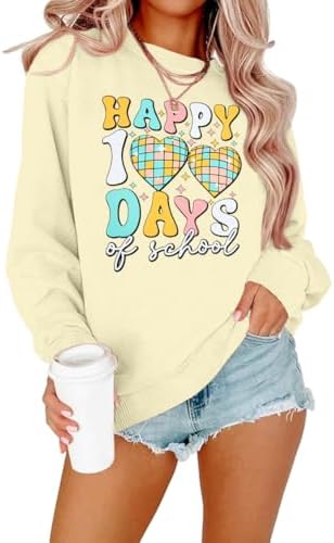 ALLTB 100 Days of School Shirt Women: Teacher Sweatshirt Happy 100th Day of School Shirt Teacher Life Long Sleeve Tops