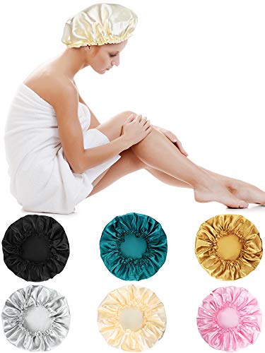 6 Pieces Sleep Cap Satin Bonnet Sleeping Hat Soft Elastic Night Hair Cover For Women Girls (Black, Beige, Silver, Gold, Pink, Peacock Blue) #TOP1