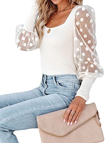 LYANER Women’s Square Neck Blouse Sheer Mesh Lantern Sleeve Polka Dot Knit Business Casual Tops Shirts4