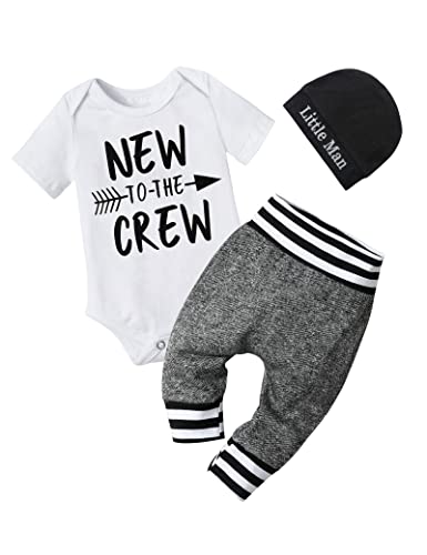 Fommy Baby Boy Clothes 0-3 months Short Sleeve Outfits New to The Crew Letter Print Romper+Pants+Hat 3PCS Spring Summer Baby Outfit Set