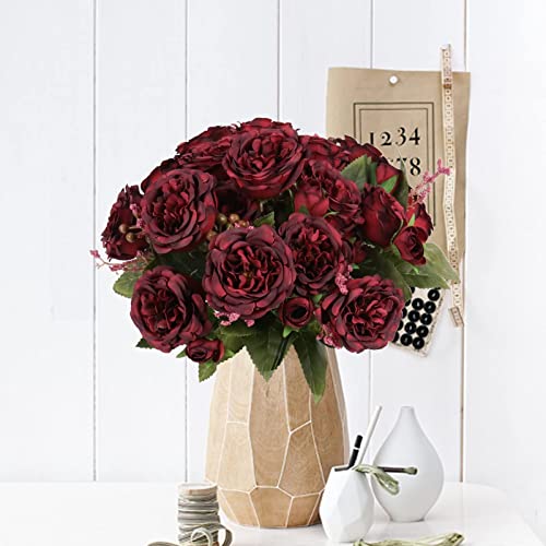 Artificial Peonies Silk Flowers, Burgundy Faux Peony Bouquet 4 Bundles Florals Arrangements For Farmhouse Home Boho Wedding Table Centerpiece, Fake Plastic Flowers Bulk For Vase Decoration (Burgundy) #TOP7