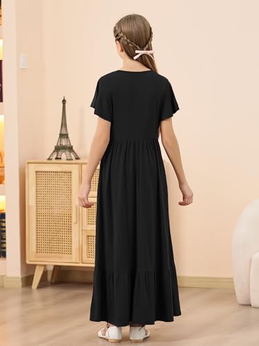 GORLYA Girls Flowy Short Sleeve Holiday Casual Loose Ruffle Hem Modest Long Maxi Dress for 6-14Y Kids2