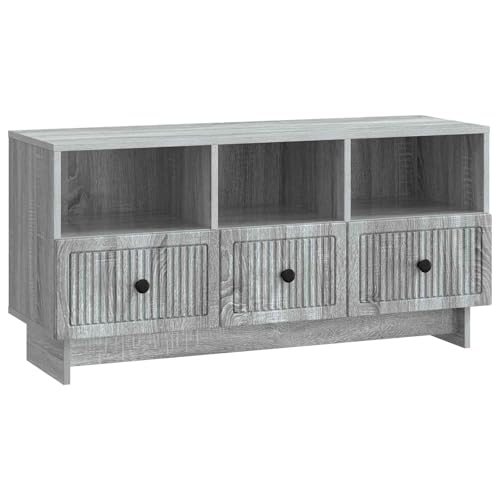 Foknhdi Mueble para TV Sonoma gris 102 x 34,5 x 50 cm, mueble bajo de madera con 3 cajones, mesa de televisión vintage para salón, moderna TV con mucho espacio de almacenamiento y patas estables