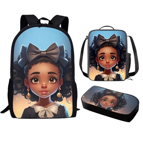 African Black Girl Backpack with Lunch Box Set Kids chool Bag 5-8/8-12 Years Old American Magic Girls Bookbags Elementary High Middle Schoolbag 17 Inch Back Pack Lunchbag Pencil Case