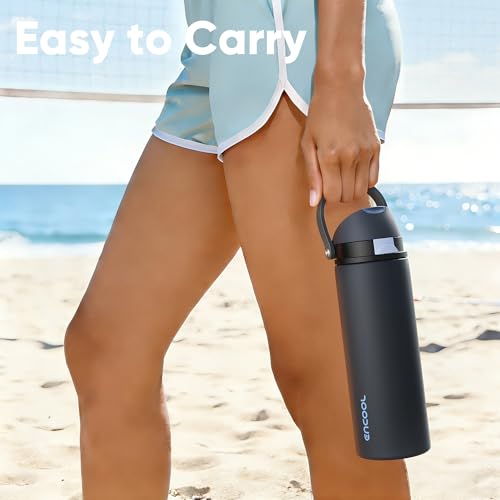 Image of ENCOOL Insulated Water Bottle with Straw Stainless Steel Water Bottle with Push Button Lid, Leak-Proof & BPA-Free, Keeps Cold for 24 Hours for Sports, Travel, Gym (32 oz, Tuna Grey-Silver)