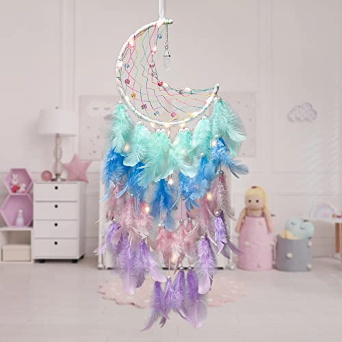 Dremisland Moon Dream Catcher with Fairy Lights Handmade Dreamcatcher Kids Bedroom Accessories Rainbow Feather Lucky Turquoise Pendant Wall Hanging Decoration for Home Bedroom - Image 3