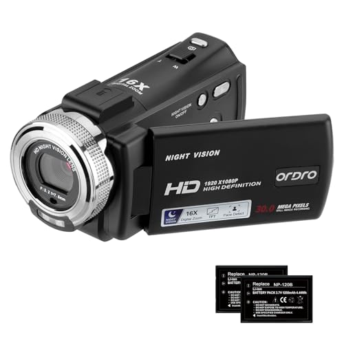 ORDRO HDV-V12 Video Camera Full HD Camcorder Digital Recorder | 1080P 30FPS 30MP | 3.0 Inch Rotation LCD | 16X Digital Zoom | Infrared Night Vision - Black (V12 Base)