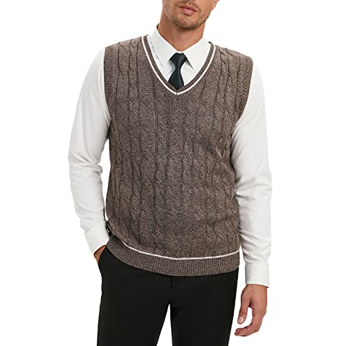 Turetrendy Men's V Neck Sweater Vest Casual Cable Knit Slim Fit Sleeveless Pullover Sweater With Ribbing Edge Brown Large #TOP2