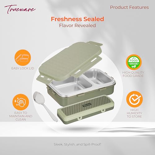 Image of Trueware Crest Lunch Box 2 Compartment Leak-Proof BPA Free Stainless Steel, Lunch Box for Kids, Lunch Box for School & Office with a Spoon, 580 ML