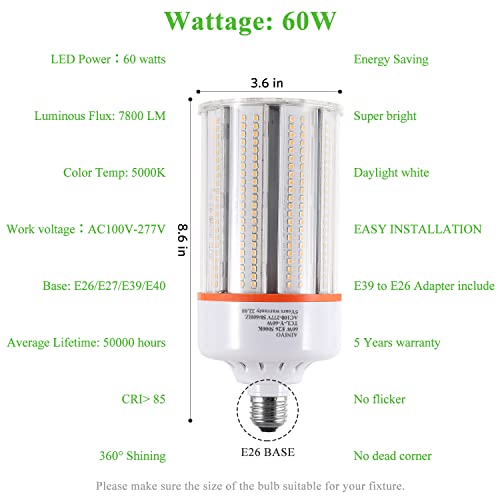 Ainiyo 60W Led Corn Cob Light Bulb,E26/E39 Base,5000K Daylight,110-277V,7800Lm,Cfl Hid 200W Metal Halide Replacement For Interior And Exterior,Commercial/Industrial Lighting(2-Pack) #TOP1