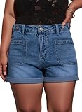 Eytino Women Plus Size High Waist Jean Shorts Stretchy Roll Up Hem Straight Leg Summer Denim Short with Pockets,2X Dusk Blue