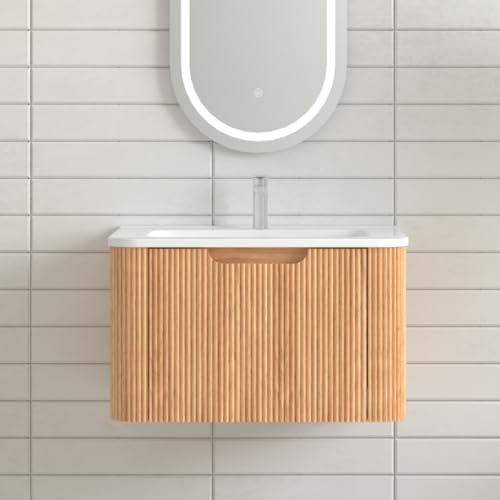 RAINLUX 24'' Floating Bathroom Vanity with Sink, Wall Mounted Modern Bathroom Cabinet W/Curved Edges Stripes, Oak & Plywood, Pre-Assembled with Integrated Ceramic Basin – Havana, Natural Oak