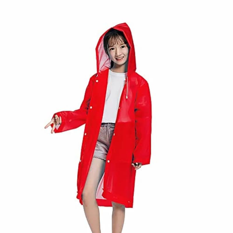 JMP Plain Raincoats for Kids, Reusable Rain Ponchos with Hood and Sleeves Rain Coats for Boys and Girls (Universal, Red) (Multisize)
