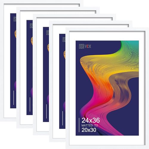 Image of VCK 24x36 Poster Frame 5 Pack, White Wood, 20x30 Mat, for Gallery Wall