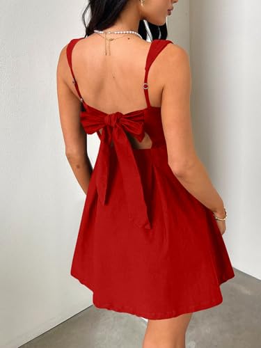 Image of Womens Summer Mini Dress Square Neck Sleeveless Going Out Dress Back Bow A-line HOCO Open Back Short Dress