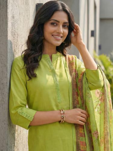 Image of INDO ERA Women's Straight Cotton Blend Ethnic Motifs Embroidered Kurta Pant With Dupatta Set
