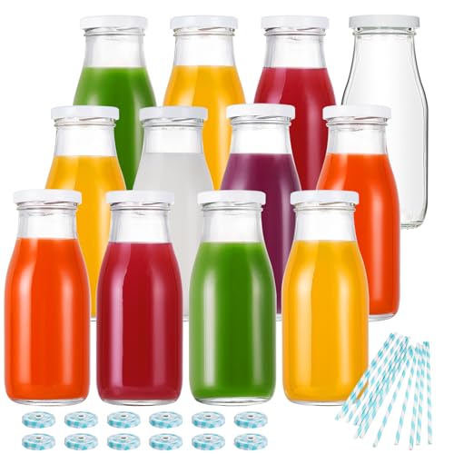 YEBODA Glass Juice Bottles with Lids, 11 oz Milk Bottles, 12 Pack