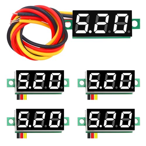 YIXISI 5 Piezas Mini Digital LED Voltímetro de 0.28", 0-100V DC con Tres Cables, Protección de Polaridad Inversa y Medición Precisa de la Presión (Blanco)