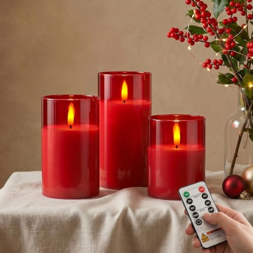 Image of Amagic Christmas Glass Flameless Candles with Remote, Real Wax Pillar Candles Batter Operated with Timer, Red LED Fake Candle for Thanksgiving Decor, Set of 3, D3 xH4 5 inch 6 inch