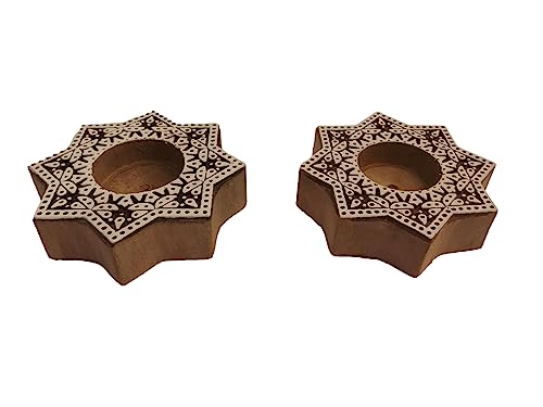PUSHPACRAFTS Juego de 2 portavelas hechos a mano de madera con diseño de mandala, forma de estrella