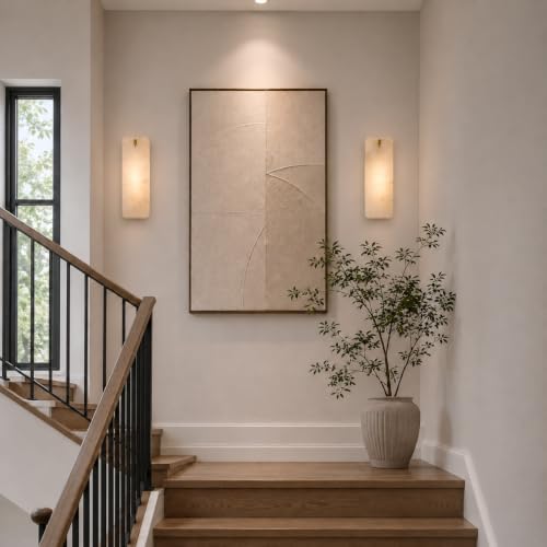 Image of 12 Inch Alabaster Wall Sconce, Natural Spanish Stone Brass Gold Wall Light, Modern Marble Sconces Dimmable E12 Hardwired Rectangular Vanity Light Fixture for Bathroom Mirror, Hallway Corridor(1 Pcs)