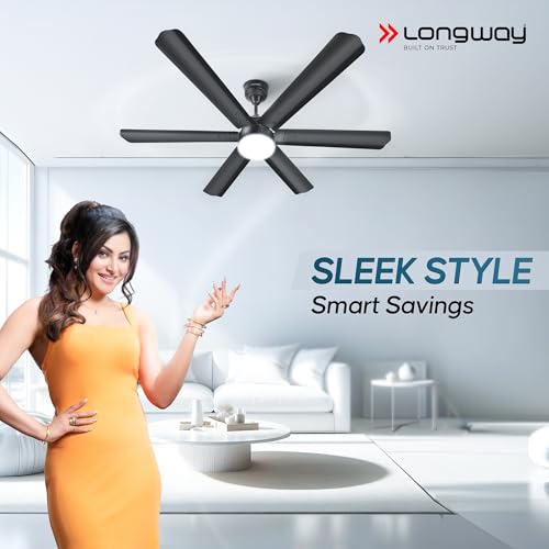Image of LONGWAY Luminair 1200 mm BLDC Ceiling Fan with Remote Control & LED Light|BEE 5 Star Rated Energy Efficient|Ultra High Speed 6 Blade Anti-Dust Decorative|5 Years Warranty (Smoked Brown, Pack of 1)