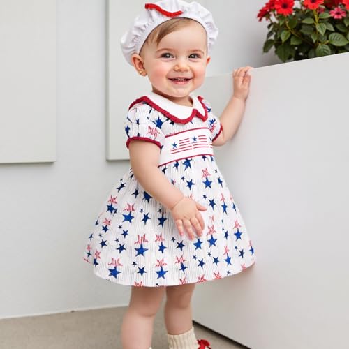 Kids Toddler Baby Girl 4th of July Outfit Star Short Puff Sleeve Doll Collar Smocked Dress American Flag Clothes4
