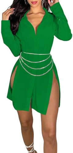 Image of Shirt Dress for Women Sexy Button Down Date Night Dresses Ruched Slit Stand Collar Long Sleeve Blouses