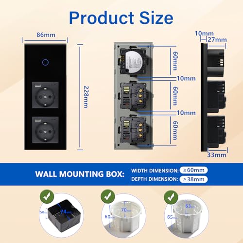 BSEED Touch Lichtschalter mit USB Steckdose Anschluss (Max. 2.1A) Typ C Port 1 Fach 1 Weg Wandschalter mit doppelten Steckdosen Unterputz Touchscreen-Schalter mit Glasrahmen 228mm Schwarz