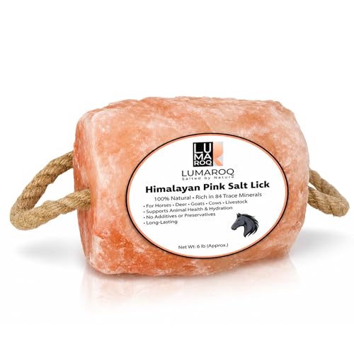 LUMAROQ Himalayan Pink Salt Lick On Rope 6lbs for Horses, Deer, Goats & Livestock, Natural Mineral Salt Block with 84 Trace Minerals, Hanging Horse Salt Lick for Farm Animals & Wildlife (Pack of 1)
