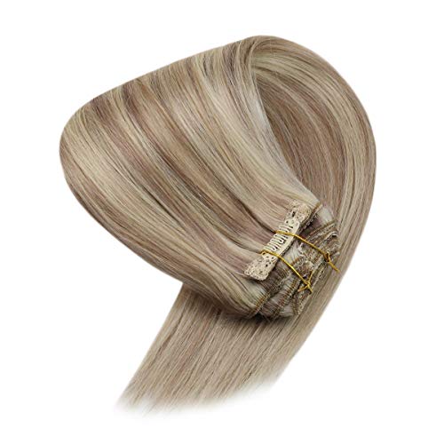 VeSunny Clip in Blonde Human Hair Extensions Color #18 Ash Blonde Mix #613 Bleach Blonde Highlights Remy Hair Extensions Clip in Human Hair Blonde 18" 7pcs/120G