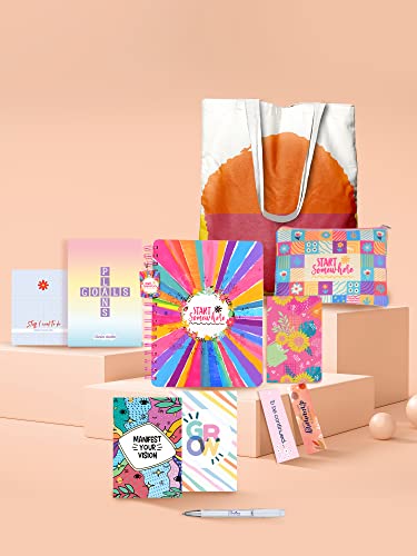 Image of Doodle l The Happy Box Planner Stationery Kit l B5 + Tote Bag + Pouch + Sticker Book + Pocket Planner + Sticky Notebook + Pen + Motivational Cards + Bookmarks with Premium Gift Box (Bright Start)