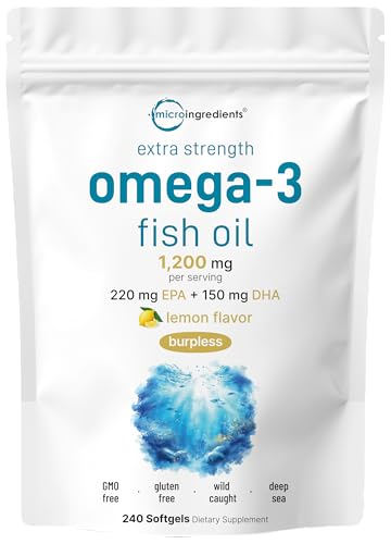 Micro Ingredients Extra Strength Omega 3 Fish Oil Supplements 1 200mg Per Serving 240 Softgels | Lemon Flavored | Burpless | Essential Fatty Acids | EPA 220mg + DHA 150mg | Deep Sea Fish