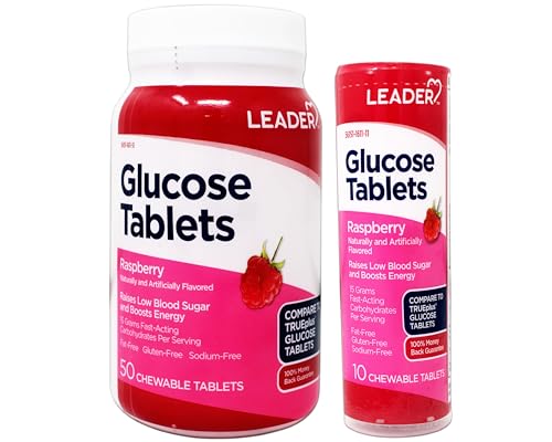 Leader Glucose Tablets, Fast Acting, Great Tasting, Fat-Free, Gluten-Free, Raspberry Flavor 50