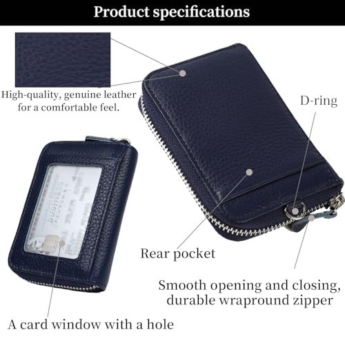 Shoebill Minimalist Zipper Leather Wallets Credit Card Holder Card Cases with ID Window and Retractable Keychain for Men Women (Navy)3