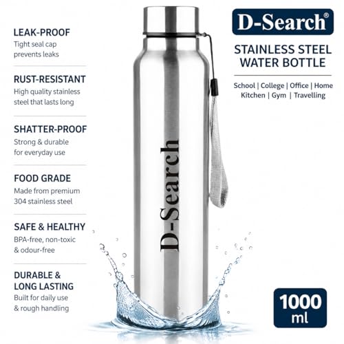 Image of D- Search Steel Water Bottle|1000 ml|Silver|Leak-Proof,Rust-Resistant|Shatter-Proof|Food Grade|School|College|Office|Home|Kitchen |Gym |Travelling Pack Of (1)