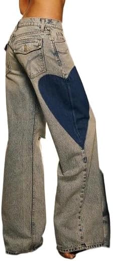 Side Seam Low Waist Heart-Shaped Jeans for Women, Washed and Worn Straight Leg Spliced Denim Pants