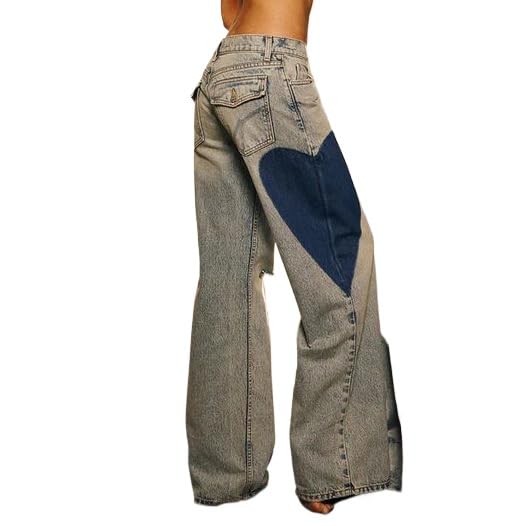Side Seam Low Waist Heart-Shaped Jeans for Women, Washed and Worn Straight Leg Spliced Denim Pants