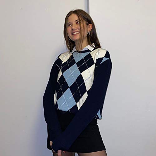 Women Argyle Plaid Sweater Pullover Long Sleeve V Neck Preppy Y2K E-Girl Sweater Autumn Winter (Navy Blue, F) #TOP3
